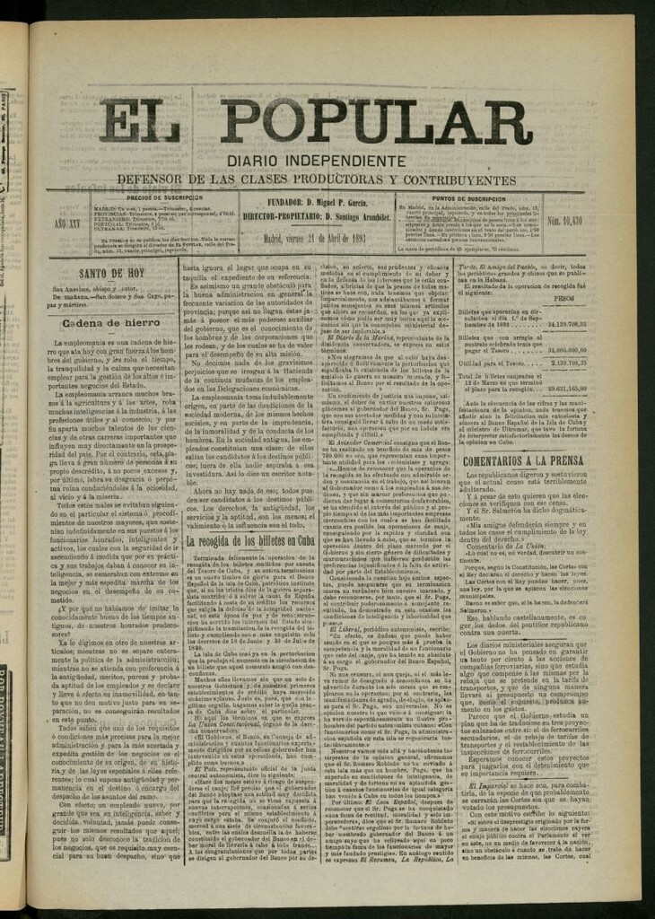 Miniatura de El Popular: diario independiente, político, literario y de noticias de interés general del 21 de abril de 1893, nº 10430