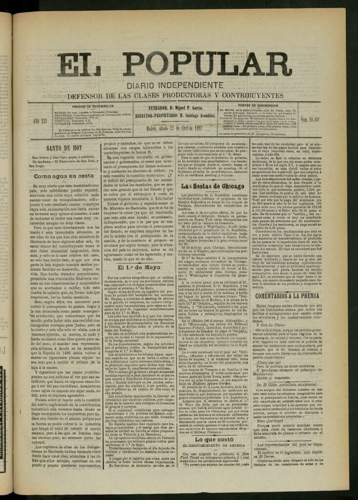 Miniatura de El Popular: diario independiente, político, literario y de noticias de interés general del 22 de abril de 1893, nº 10431