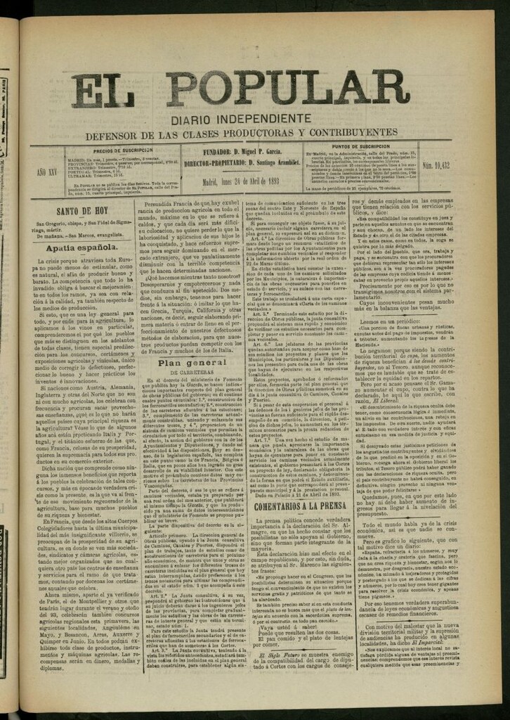 Miniatura de El Popular: diario independiente, político, literario y de noticias de interés general del 24 de abril de 1893, nº 10432