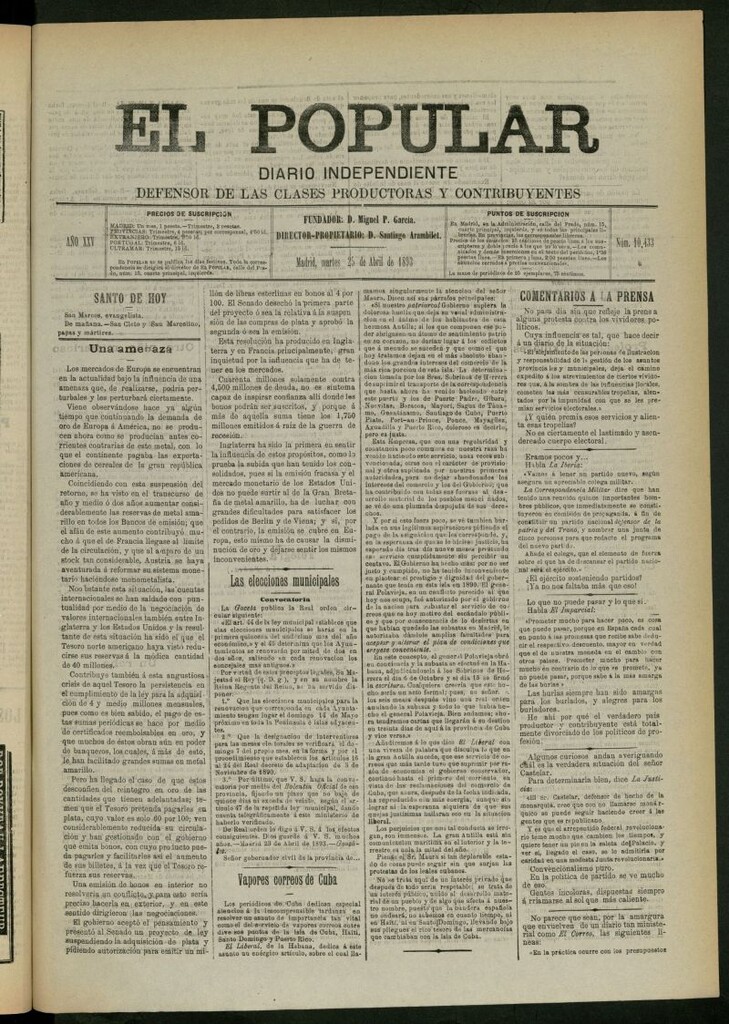 Miniatura de El Popular: diario independiente, político, literario y de noticias de interés general del 25 de abril de 1893, nº 10433