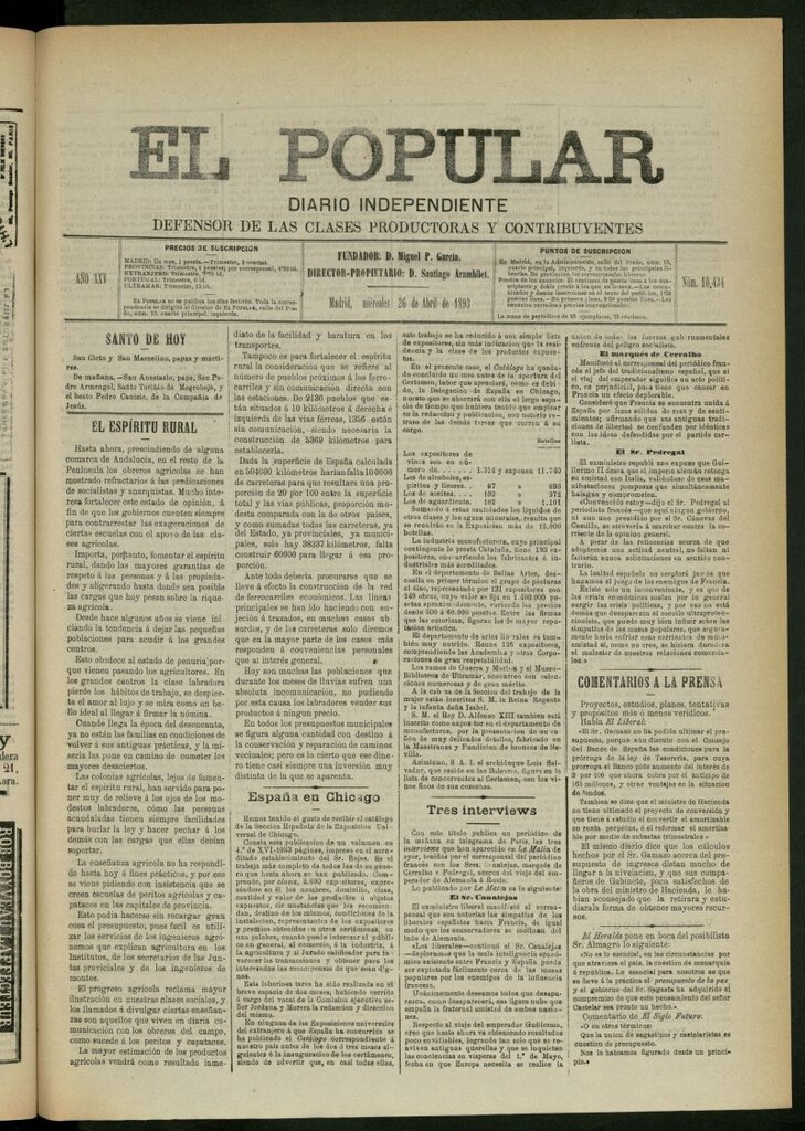 Miniatura de El Popular: diario independiente, político, literario y de noticias de interés general del 26 de abril de 1893, nº 10434