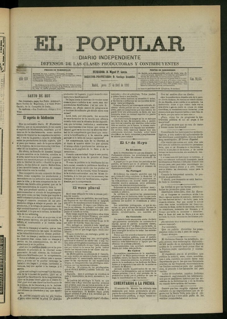 Miniatura de El Popular: diario independiente, político, literario y de noticias de interés general del 27 de abril de 1893, nº 10435