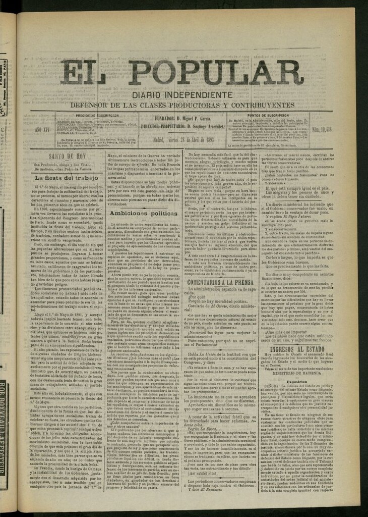 Miniatura de El Popular: diario independiente, político, literario y de noticias de interés general del 28 de abril de 1893, nº 10436
