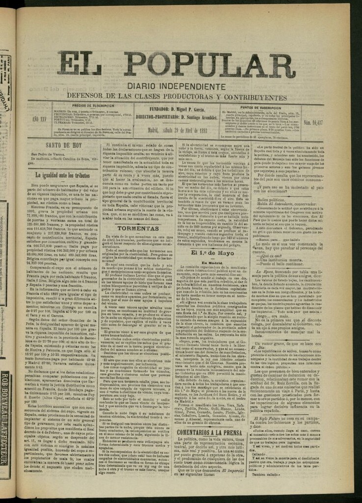 Miniatura de El Popular: diario independiente, político, literario y de noticias de interés general del 29 de abril de 1893, nº 10437