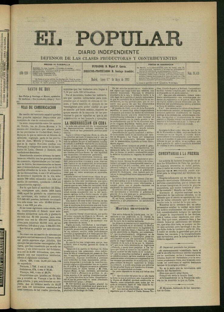 Miniatura de El Popular: diario independiente, político, literario y de noticias de interés general del 1 de mayo de 1893, nº 10438