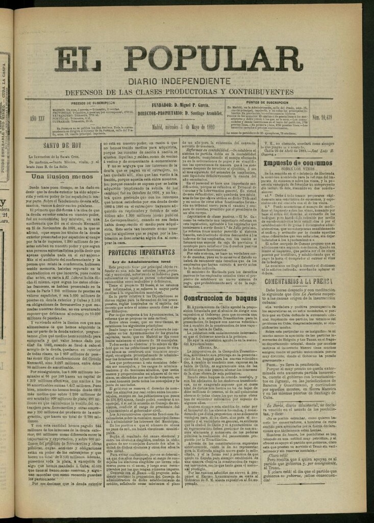 Miniatura de El Popular: diario independiente, político, literario y de noticias de interés general del 3 de mayo de 1893, nº 10439