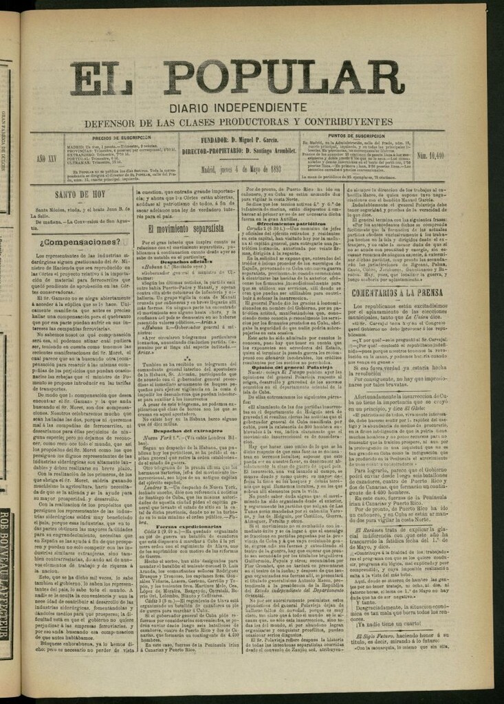Miniatura de El Popular: diario independiente, político, literario y de noticias de interés general del 4 de mayo de 1893, nº 10440