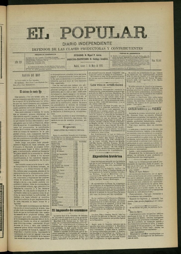 Miniatura de El Popular: diario independiente, político, literario y de noticias de interés general del 5 de mayo de 1893, nº 10441