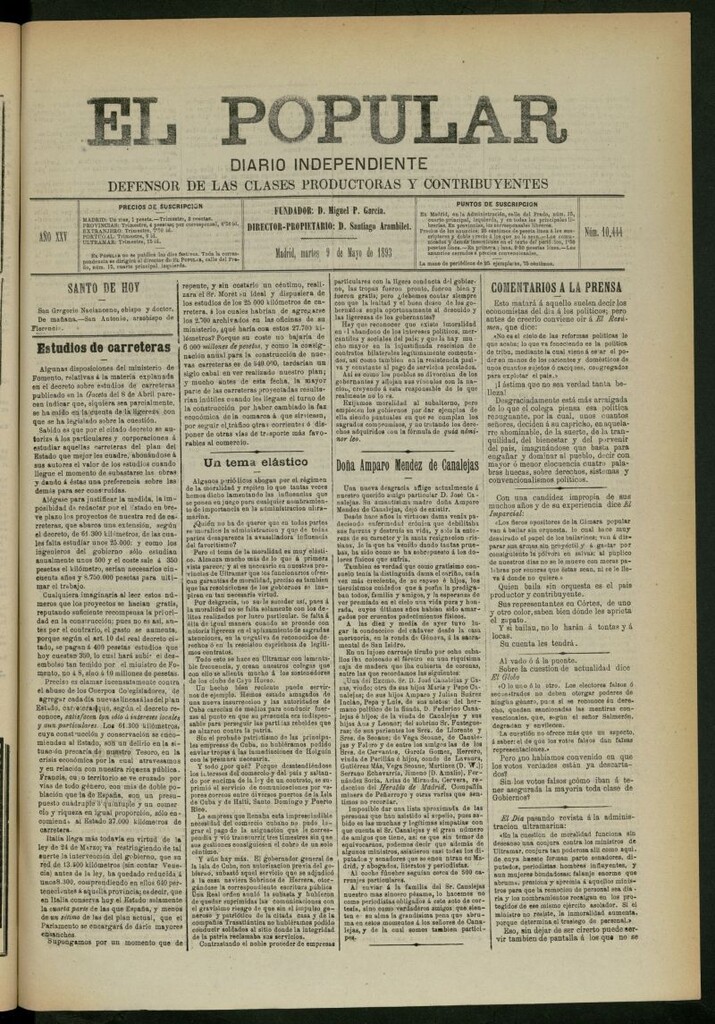 Miniatura de El Popular: diario independiente, político, literario y de noticias de interés general del 9 de mayo de 1893, nº 10444