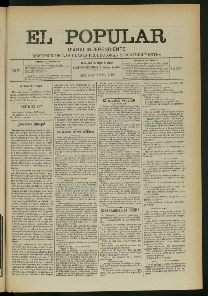 Miniatura de El Popular: diario independiente, político, literario y de noticias de interés general del 10 de mayo de 1893, nº 10445
