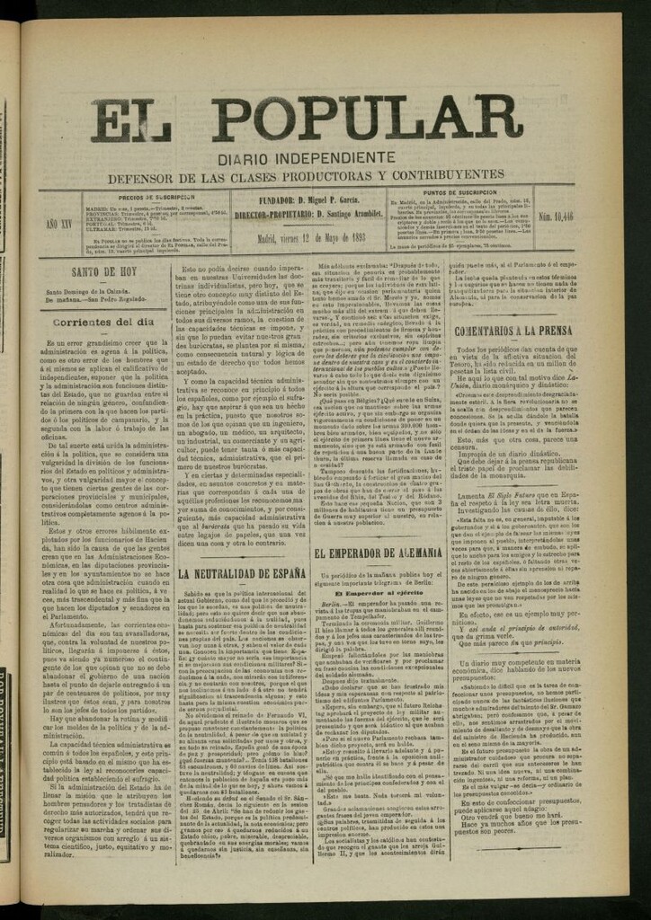 Miniatura de El Popular: diario independiente, político, literario y de noticias de interés general del 12 de mayo de 1893, nº 10446