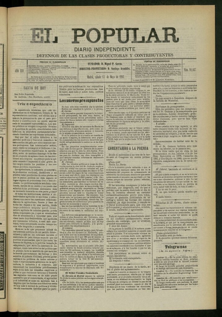 Miniatura de El Popular: diario independiente, político, literario y de noticias de interés general del 13 de mayo de 1893, nº 10447