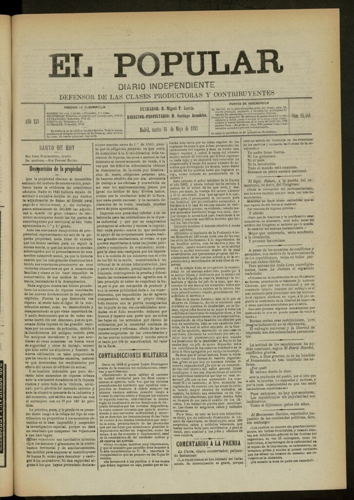 Miniatura de El Popular: diario independiente, político, literario y de noticias de interés general del 16 de mayo de 1893, nº 10448