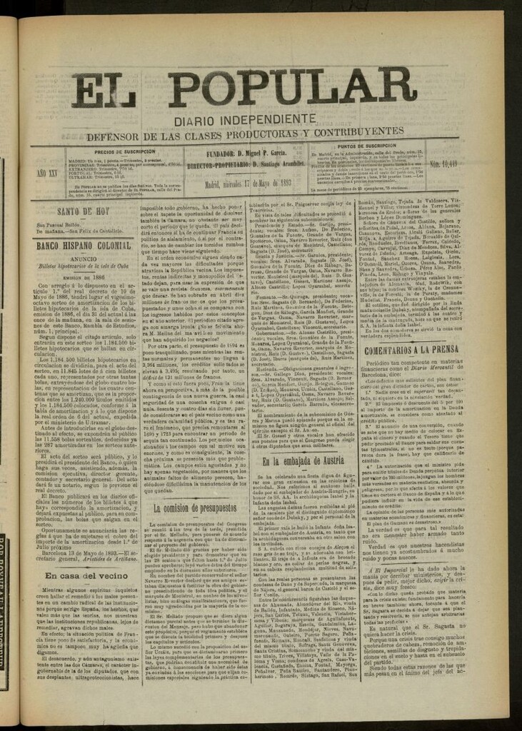 Miniatura de El Popular: diario independiente, político, literario y de noticias de interés general del 17 de mayo de 1893, nº 10449
