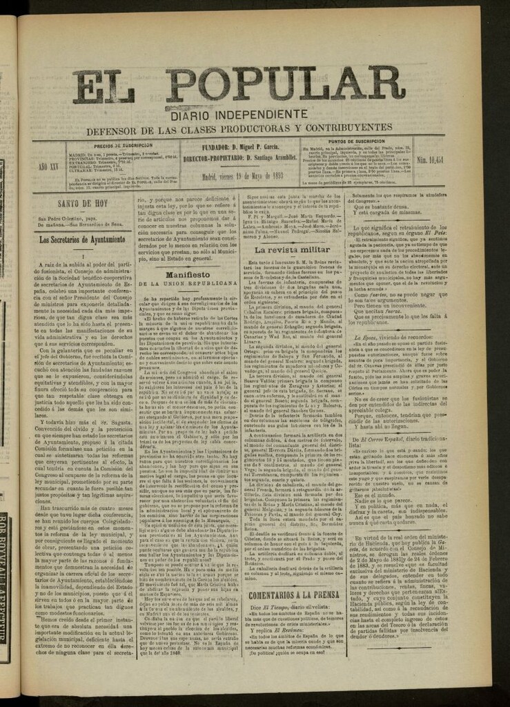 Miniatura de El Popular: diario independiente, político, literario y de noticias de interés general del 19 de mayo de 1893, nº 10451