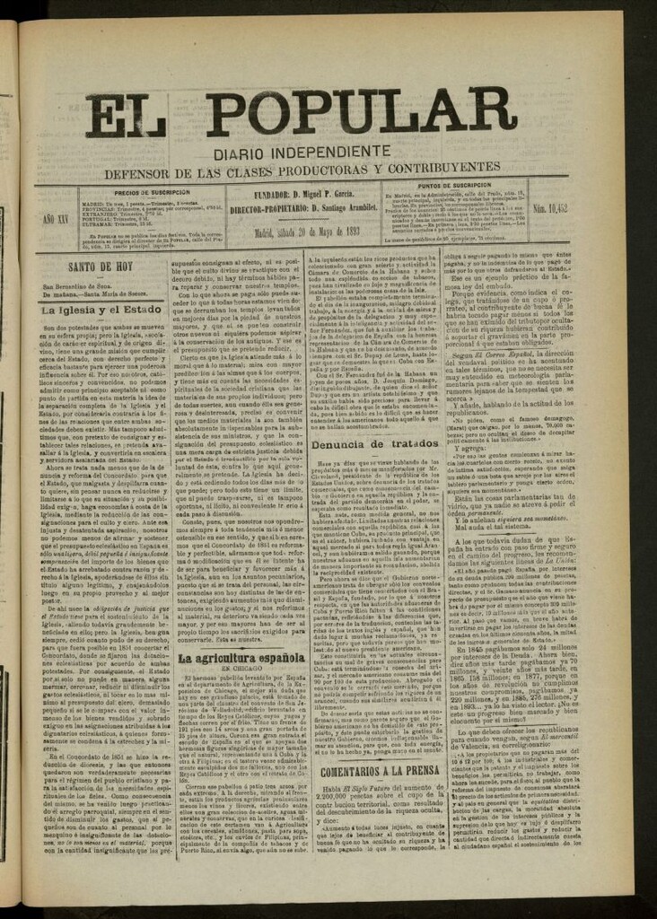 Miniatura de El Popular: diario independiente, político, literario y de noticias de interés general del 20 de mayo de 1893, nº 10452