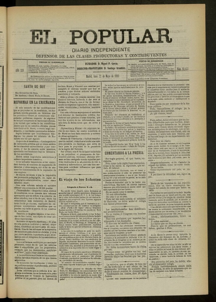 Miniatura de El Popular: diario independiente, político, literario y de noticias de interés general del 22 de mayo de 1893, nº 10453