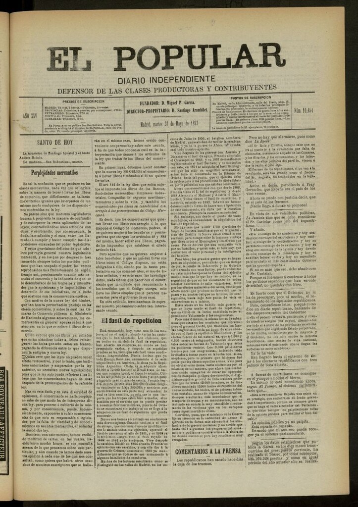 Miniatura de El Popular: diario independiente, político, literario y de noticias de interés general del 23 de mayo de 1893, nº 10454