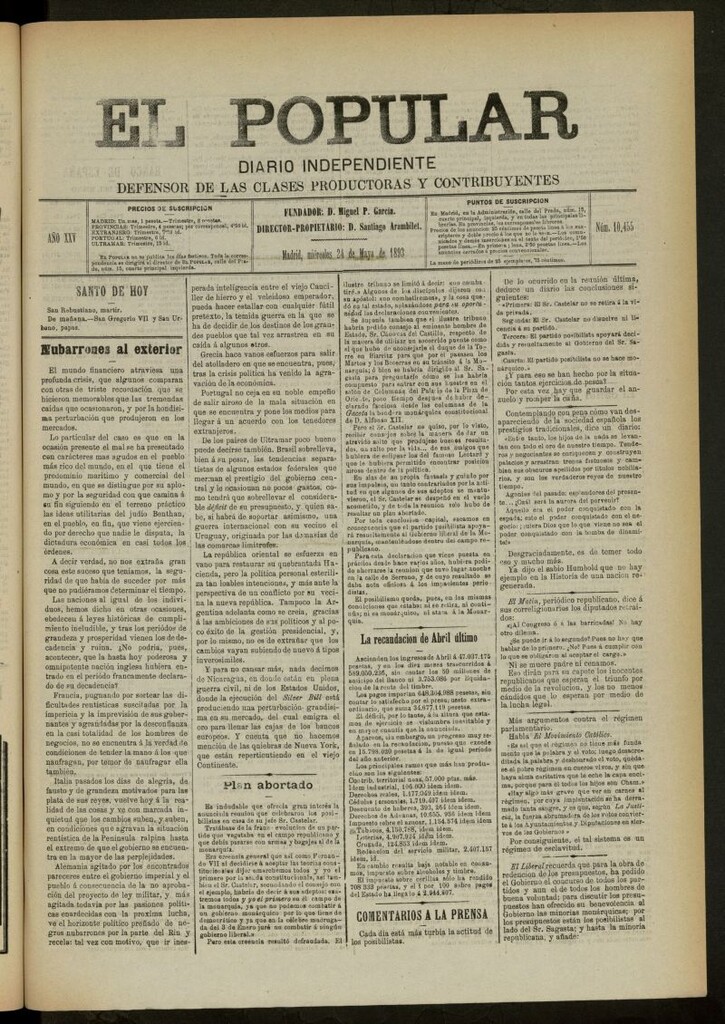 Miniatura de El Popular: diario independiente, político, literario y de noticias de interés general del 24 de mayo de 1893, nº 10455