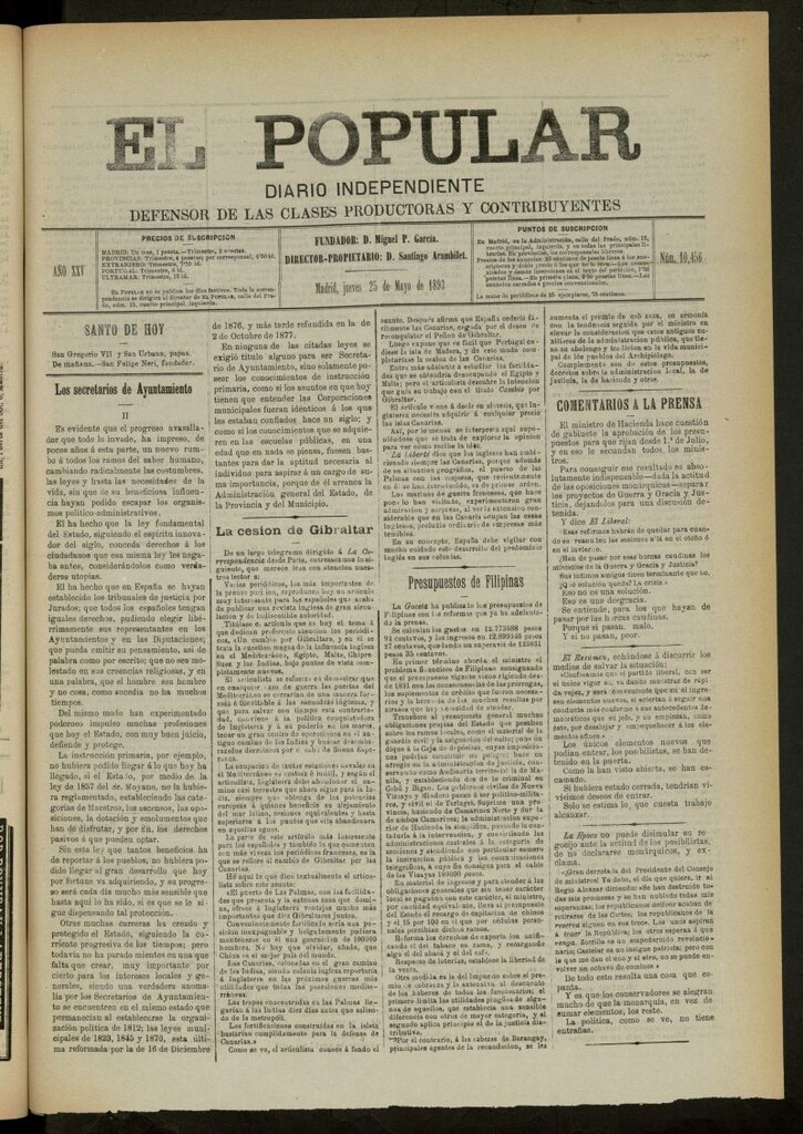 Miniatura de El Popular: diario independiente, político, literario y de noticias de interés general del 25 de mayo de 1893, nº 10456