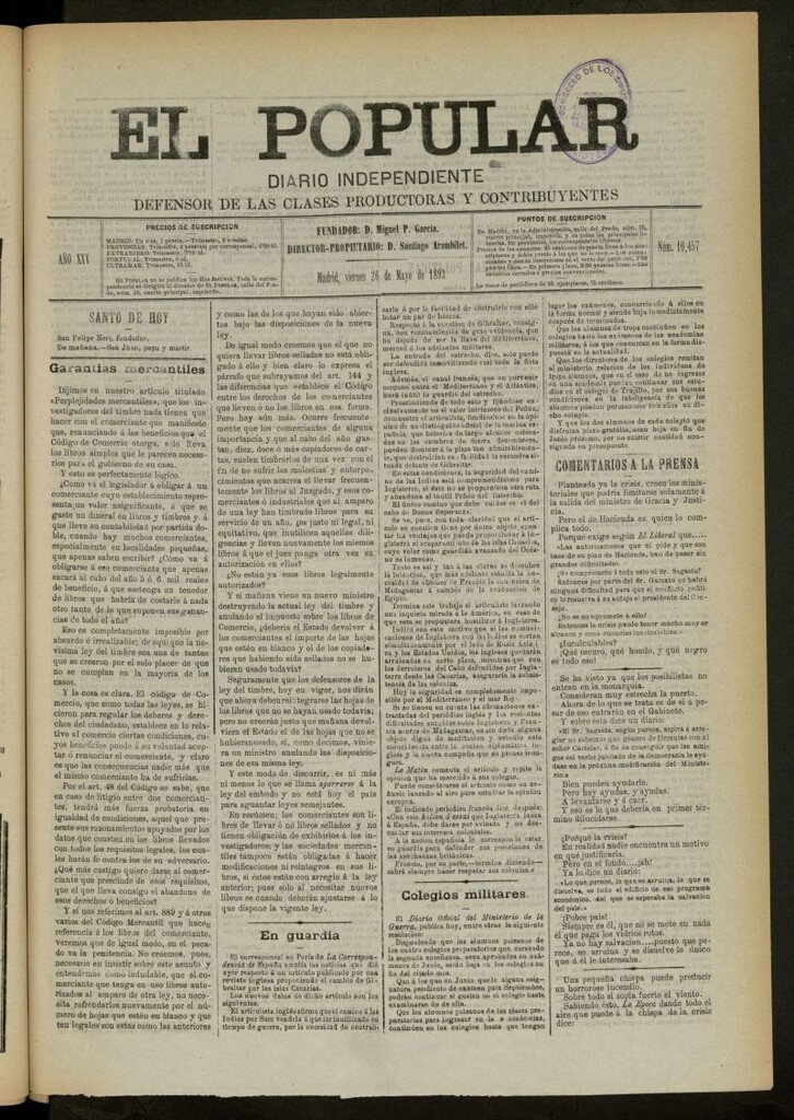Miniatura de El Popular: diario independiente, político, literario y de noticias de interés general del 26 de mayo de 1893, nº 10457