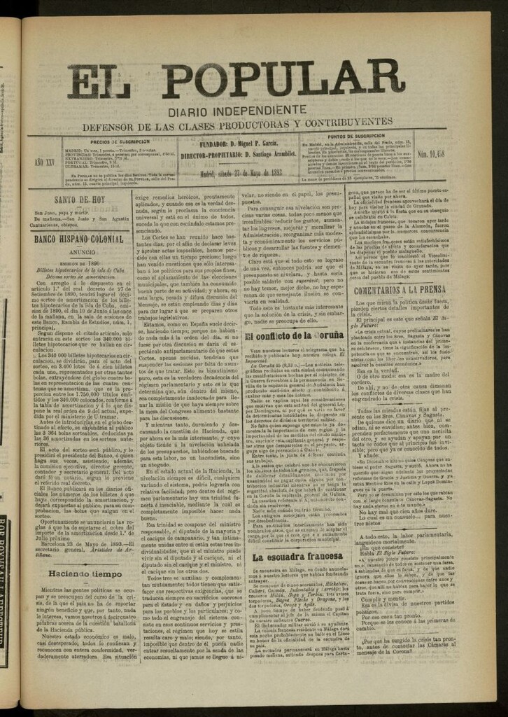 Miniatura de El Popular: diario independiente, político, literario y de noticias de interés general del 27 de mayo de 1893, nº 10458
