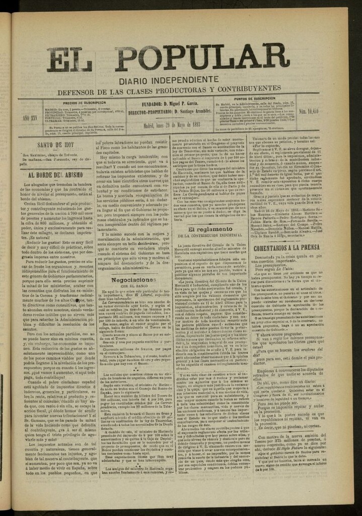 Miniatura de El Popular: diario independiente, político, literario y de noticias de interés general del 29 de mayo de 1893, nº 10459
