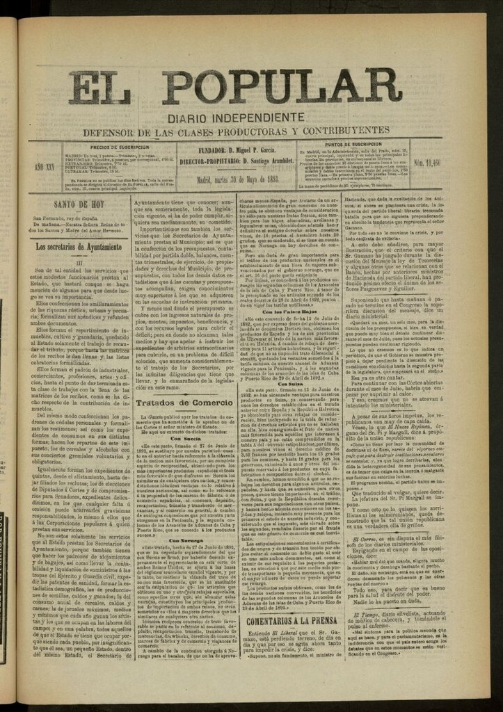 Miniatura de El Popular: diario independiente, político, literario y de noticias de interés general del 30 de mayo de 1893, nº 10460
