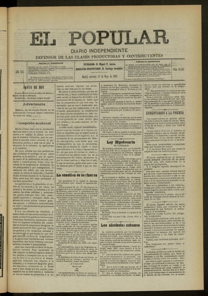 Miniatura de El Popular: diario independiente, político, literario y de noticias de interés general del 31 de mayo de 1893, nº 10461