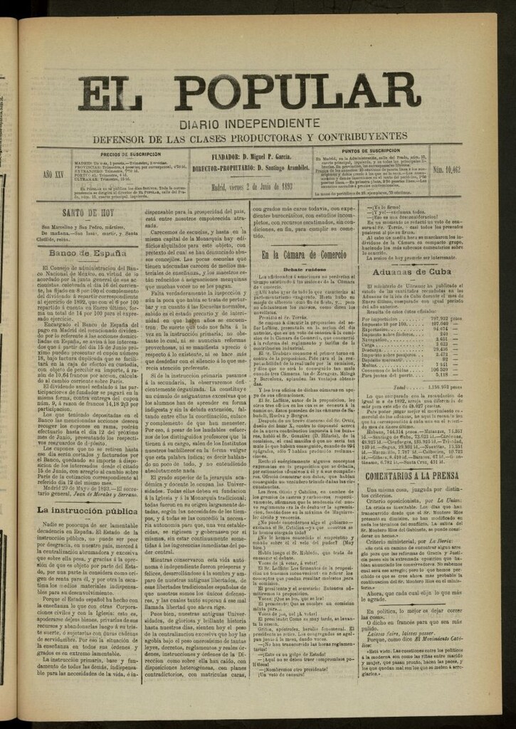 Miniatura de El Popular: diario independiente, político, literario y de noticias de interés general del 2 de junio de 1893, nº 10462