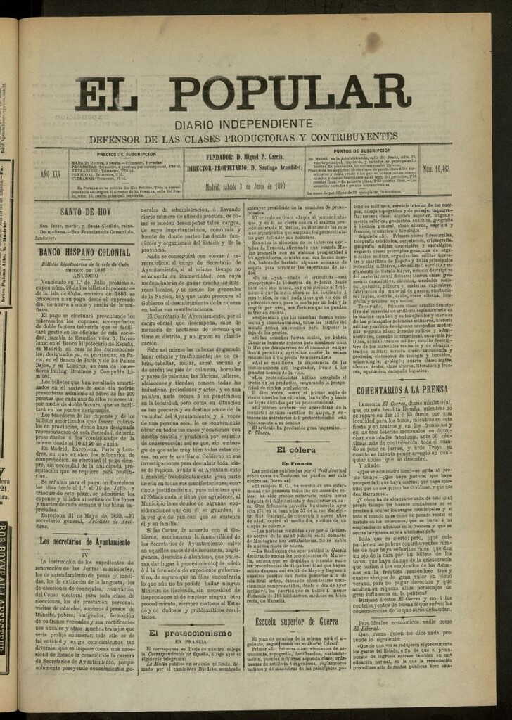 Miniatura de El Popular: diario independiente, político, literario y de noticias de interés general del 3 de junio de 1893, nº 10463