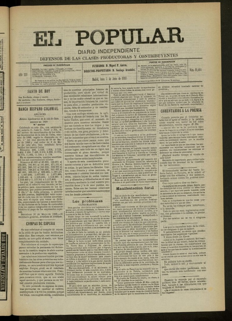 Miniatura de El Popular: diario independiente, político, literario y de noticias de interés general del 5 de junio de 1893, nº 10464