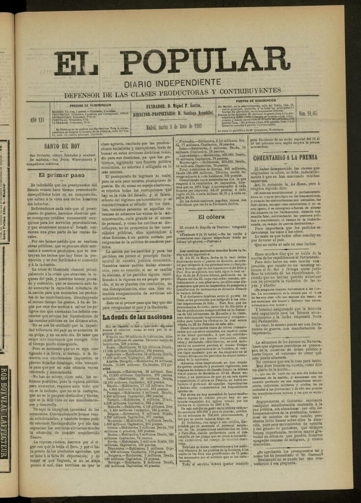 Miniatura de El Popular: diario independiente, político, literario y de noticias de interés general del 6 de junio de 1893, nº 10465