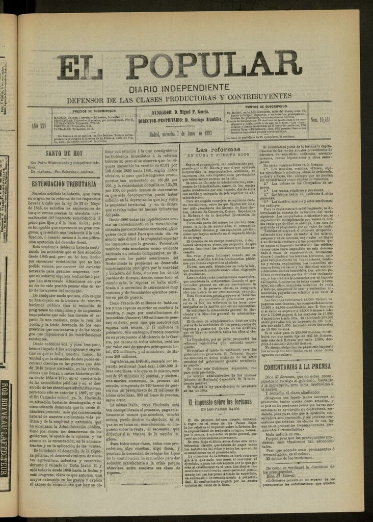 Miniatura de El Popular: diario independiente, político, literario y de noticias de interés general del 7 de junio de 1893, nº 10466