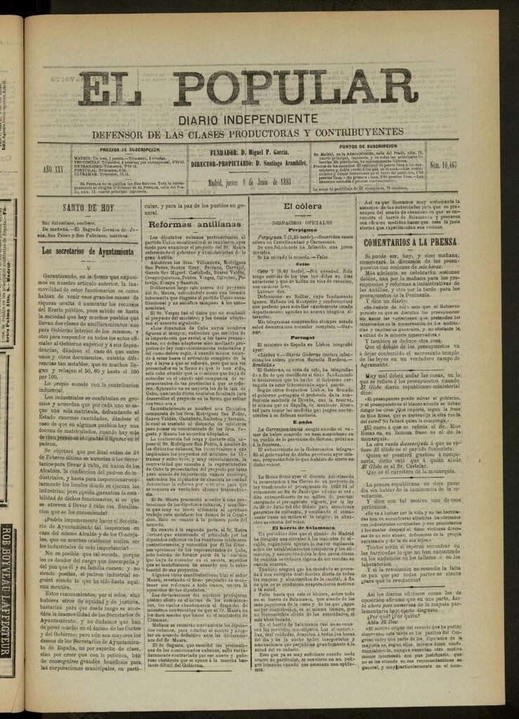 Miniatura de El Popular: diario independiente, político, literario y de noticias de interés general del 8 de junio de 1893, nº 10467