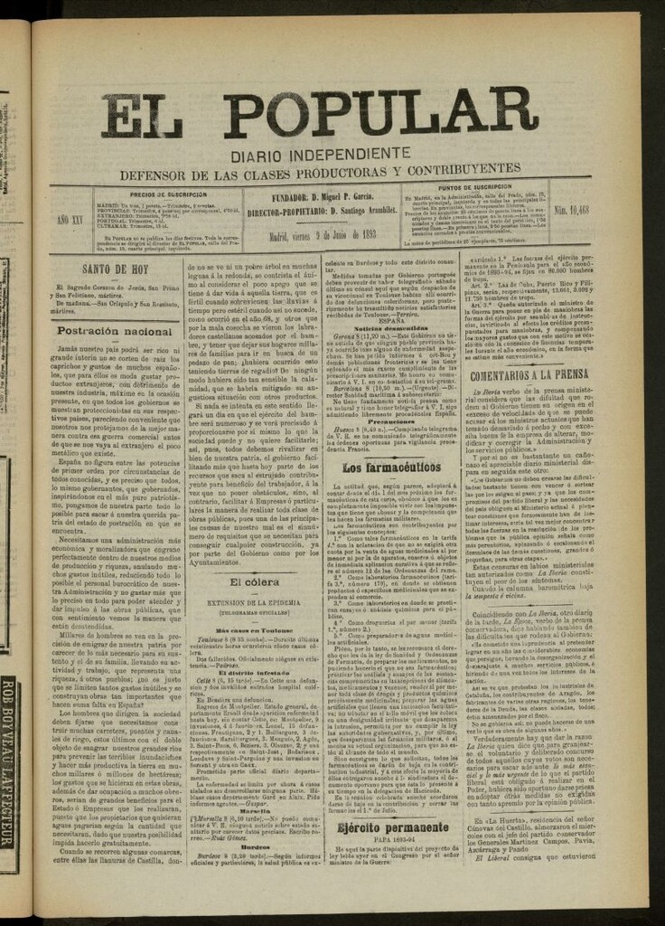 Miniatura de El Popular: diario independiente, político, literario y de noticias de interés general del 9 de junio de 1893, nº 10468