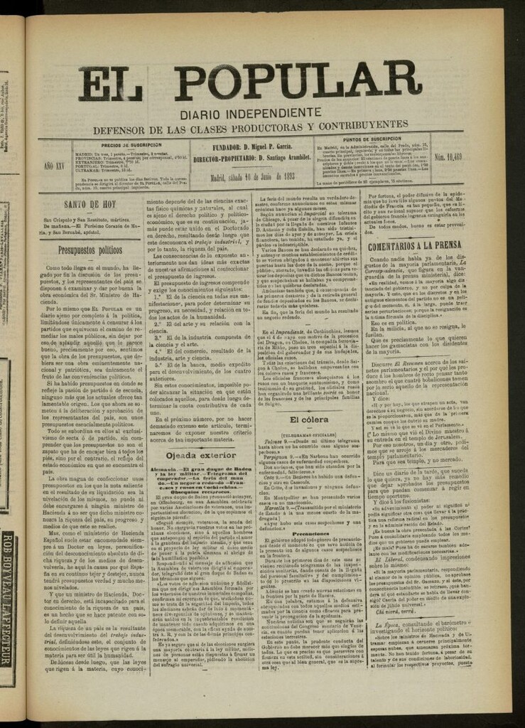 Miniatura de El Popular: diario independiente, político, literario y de noticias de interés general del 10 de junio de 1893, nº 10469