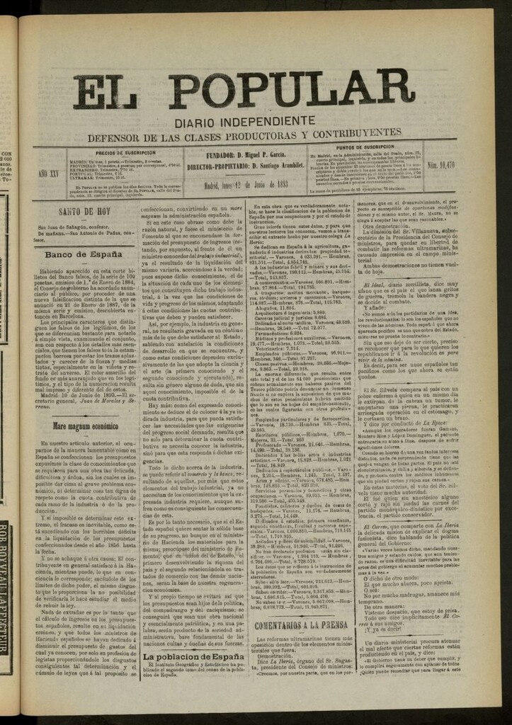 Miniatura de El Popular: diario independiente, político, literario y de noticias de interés general del 12 de junio de 1893, nº 10470