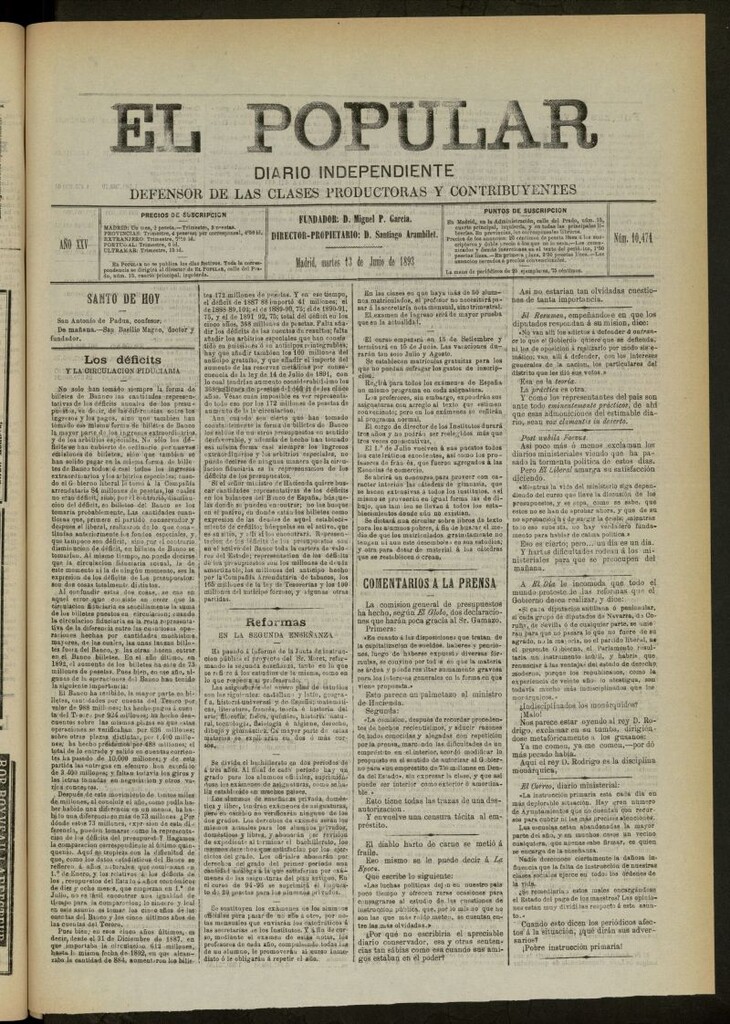 Miniatura de El Popular: diario independiente, político, literario y de noticias de interés general del 13 de junio de 1893, nº 10471