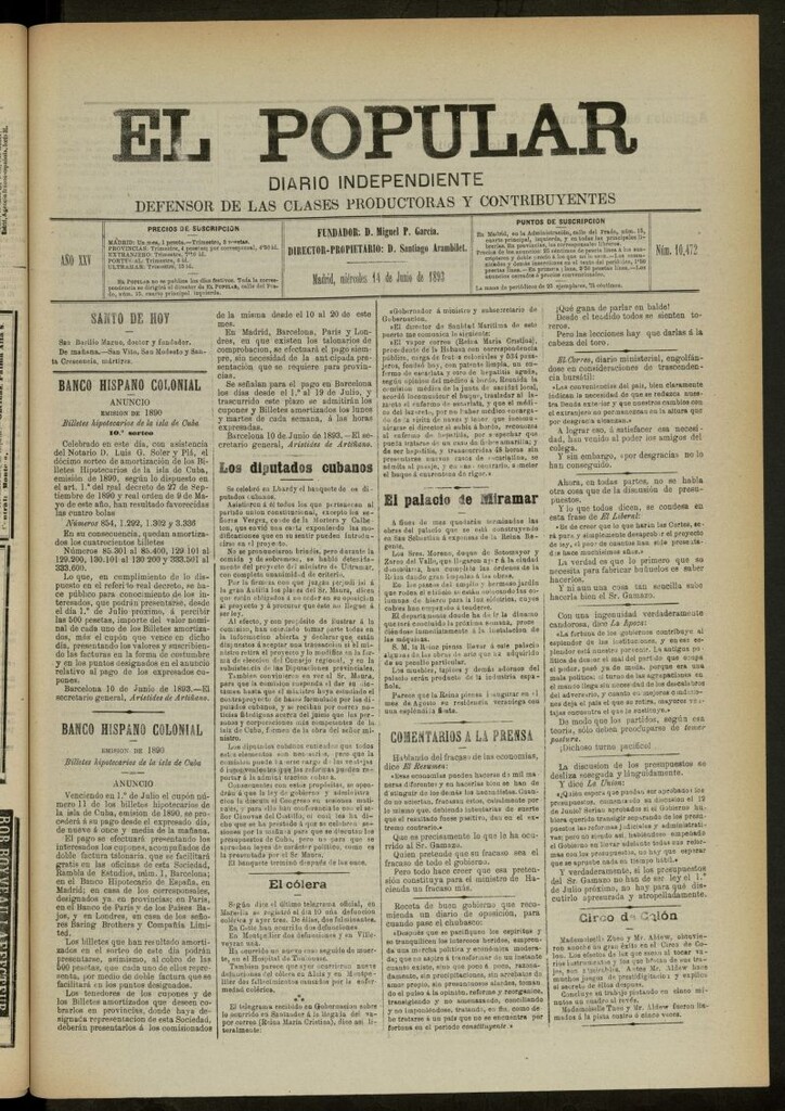 Miniatura de El Popular: diario independiente, político, literario y de noticias de interés general del 14 de junio de 1893, nº 10472