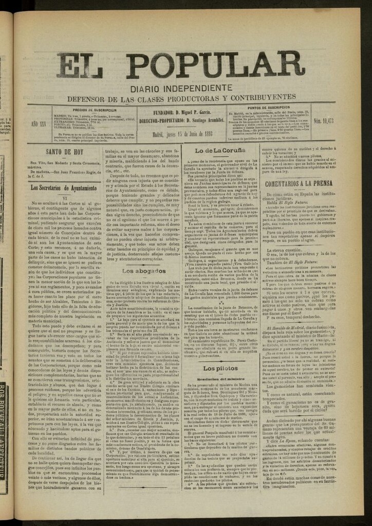 Miniatura de El Popular: diario independiente, político, literario y de noticias de interés general del 15 de junio de 1893, nº 10473