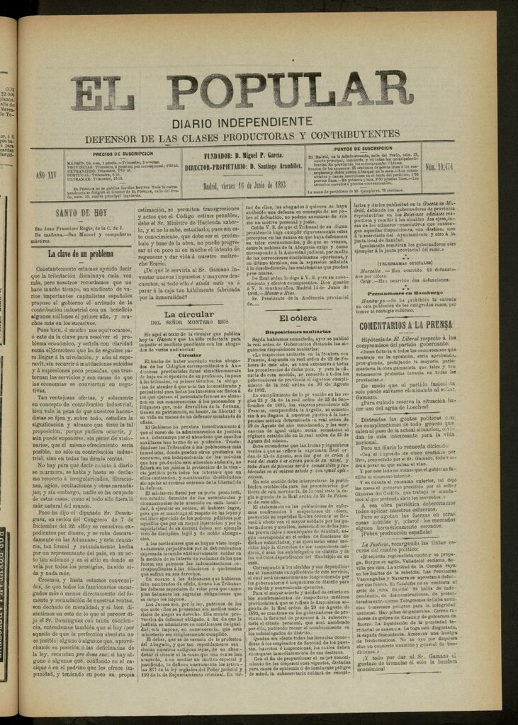 Miniatura de El Popular: diario independiente, político, literario y de noticias de interés general del 16 de junio de 1893, nº 10474