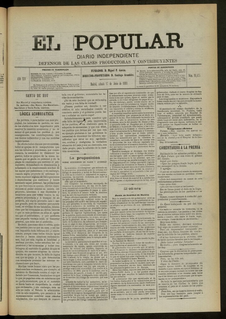 Miniatura de El Popular: diario independiente, político, literario y de noticias de interés general del 17 de junio de 1893, nº 10475