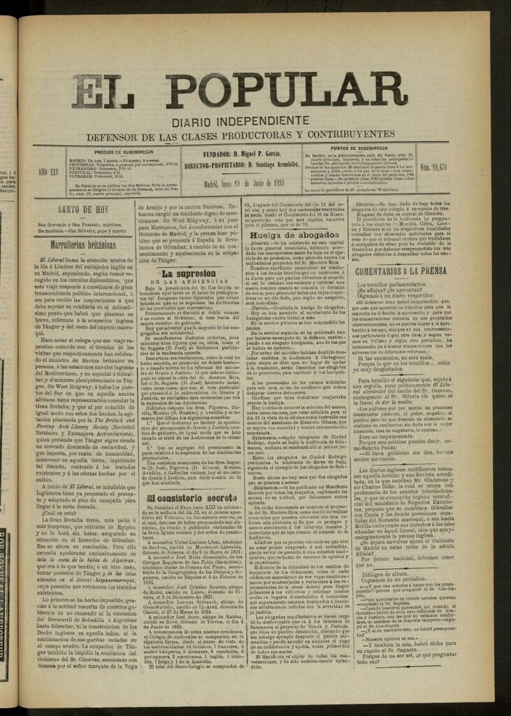 Miniatura de El Popular: diario independiente, político, literario y de noticias de interés general del 19 de junio de 1893, nº 10476