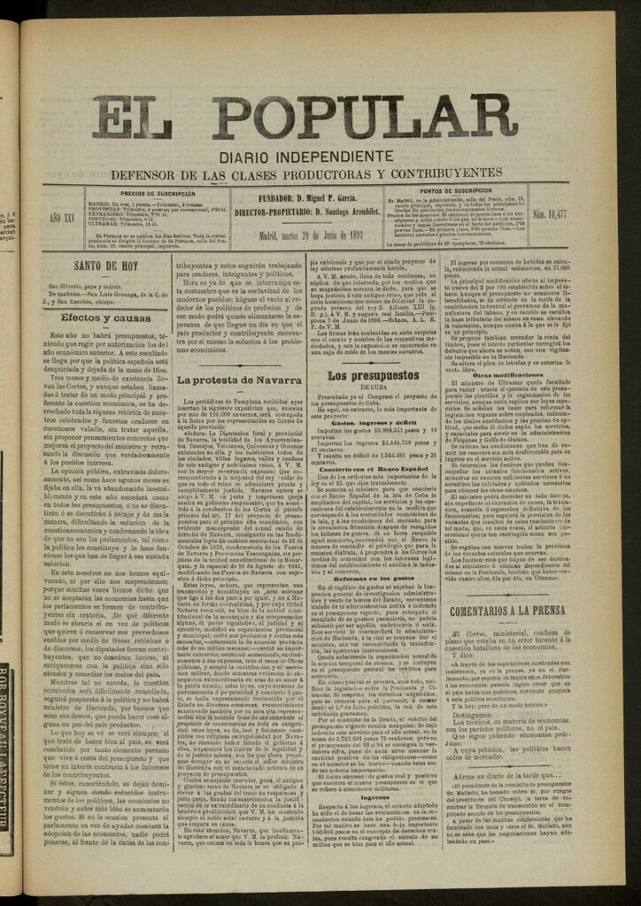 Miniatura de El Popular: diario independiente, político, literario y de noticias de interés general del 20 de junio de 1893, nº 10477