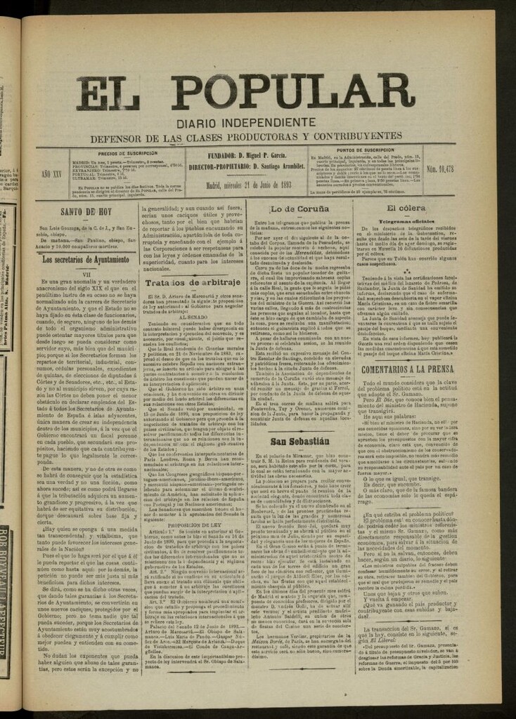 Miniatura de El Popular: diario independiente, político, literario y de noticias de interés general del 21 de junio de 1893, nº 10478