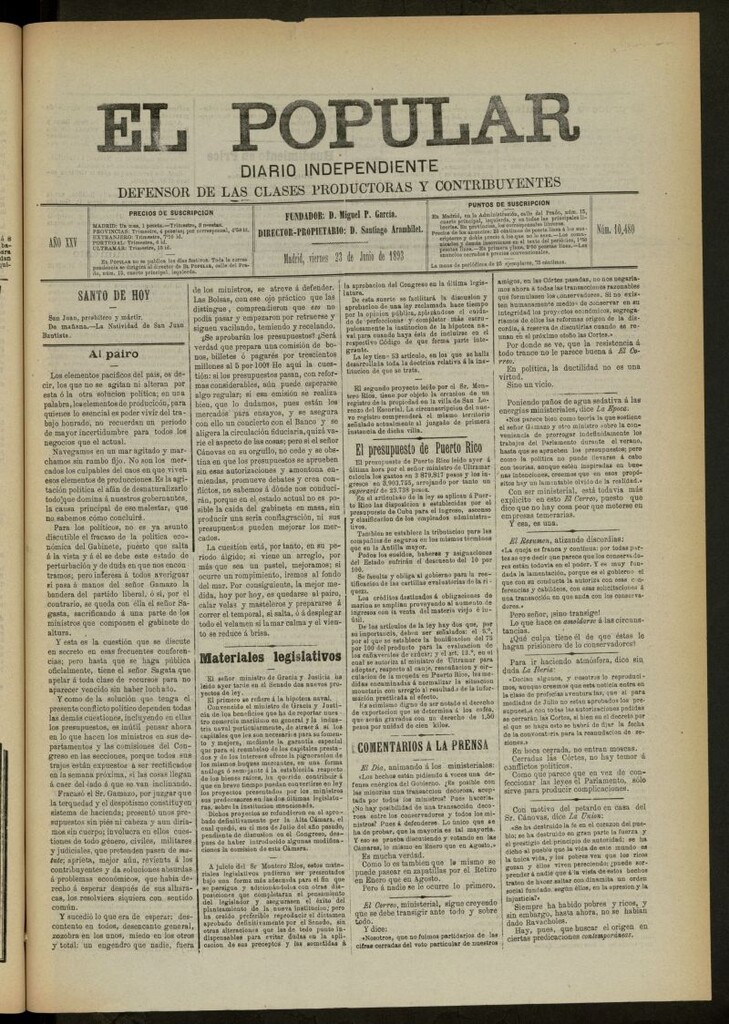 Miniatura de El Popular: diario independiente, político, literario y de noticias de interés general del 23 de junio de 1893, nº 10480