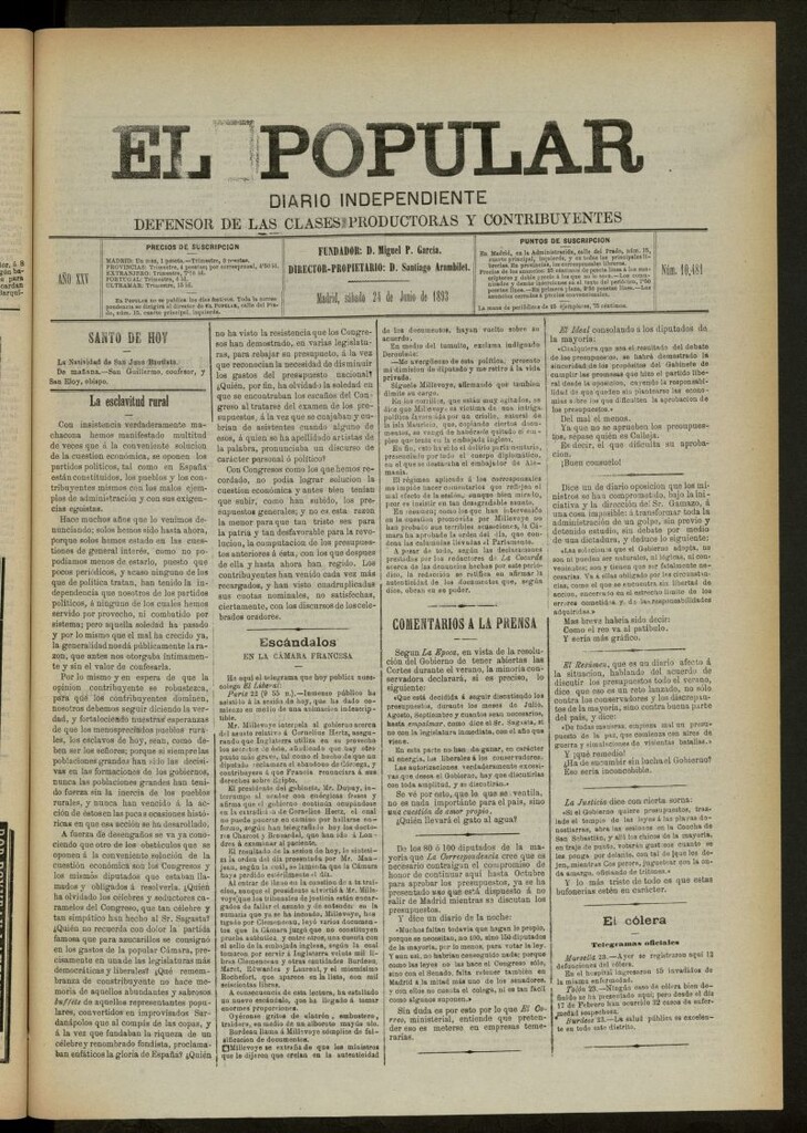 Miniatura de El Popular: diario independiente, político, literario y de noticias de interés general del 24 de junio de 1893, nº 10481