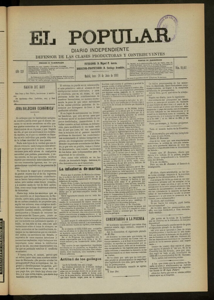 Miniatura de El Popular: diario independiente, político, literario y de noticias de interés general del 26 de junio de 1893, nº 10482