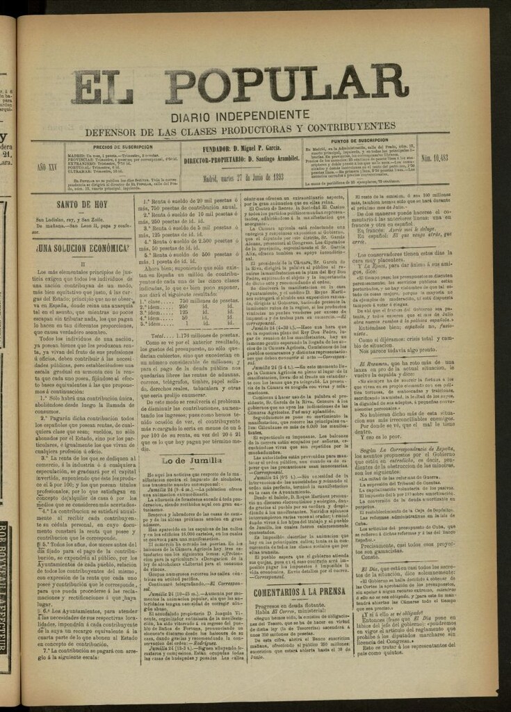 Miniatura de El Popular: diario independiente, político, literario y de noticias de interés general del 27 de junio de 1893, nº 10483